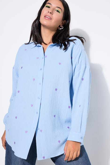 Hemdbluse, oversized, Musselin, Hearts-Stickerei