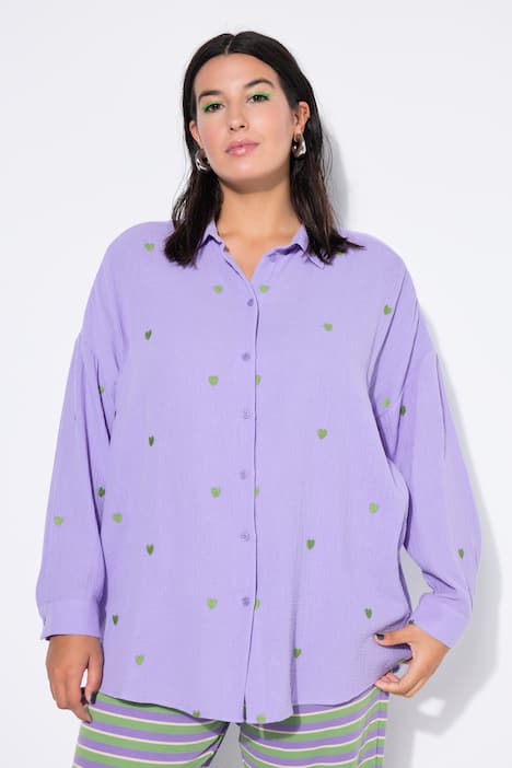Hemdbluse, oversized, Musselin, Hearts-Stickerei