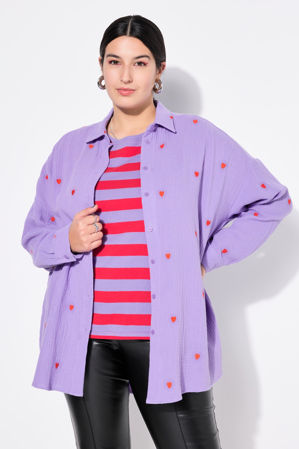 Hemdbluse, oversized, Musselin, Hearts-Stickerei