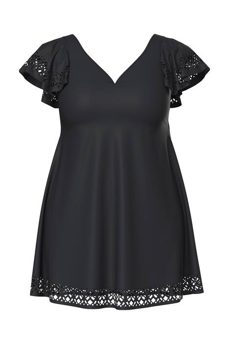 Plavkové šaty, křidélkové rukávy, měkké košíčky, laserový vzor, kostice