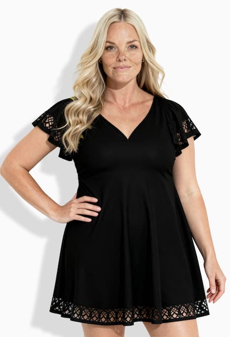 Badekleid, Flügelärmel, Softschalen, Lasercut-Muster, Bügel