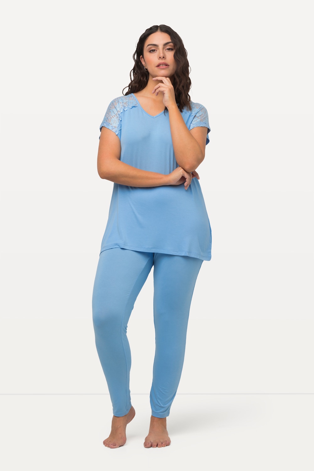 grandes tailles pyjama avec dentelle, femmes, bleu, taille: 60/62, viscose, ulla popken