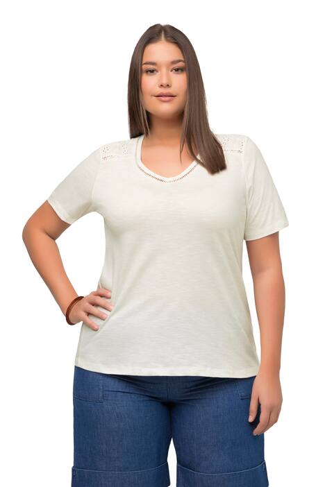 Tričko, krajka, výstřih do V, krátké rukávy, biobavlna