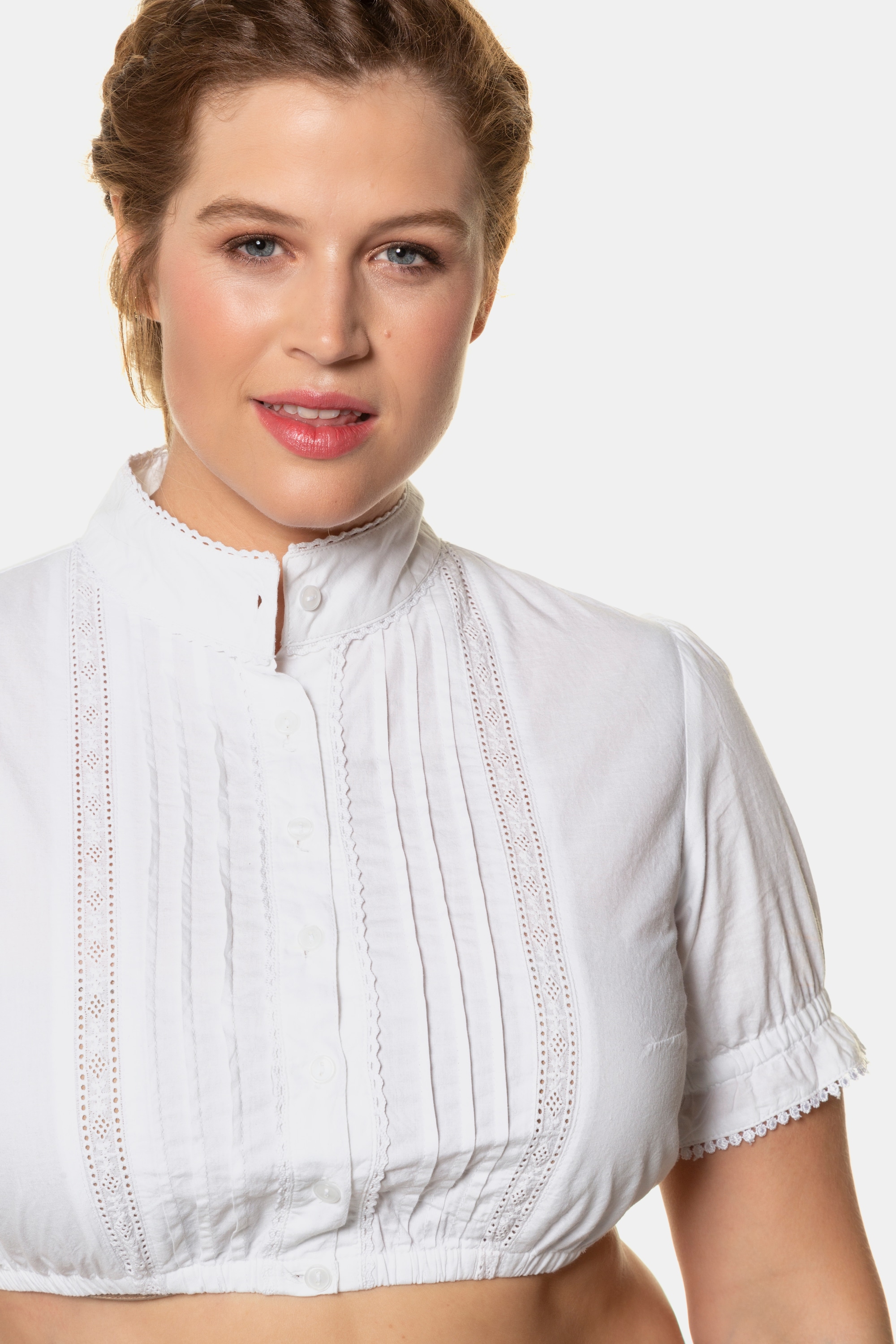 Ulla Popken Damen große Größen Dirndlbluse Biesen Spitze Stehkragen