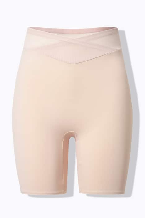 Bermuda gainant, taille haute. Large ceinture en mesh, effet cache-cœur