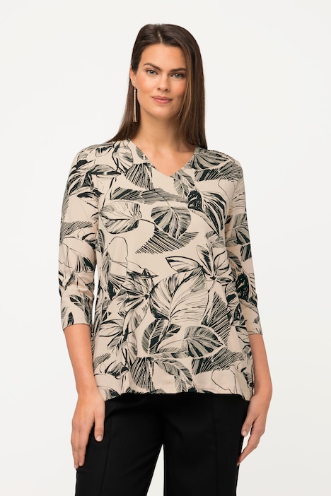 Shirt, Blätter, Kelchkragen, V-Ausschnitt, 3/4-Arm