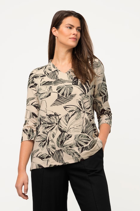 Shirt, Blätter, Kelchkragen, V-Ausschnitt, 3/4-Arm