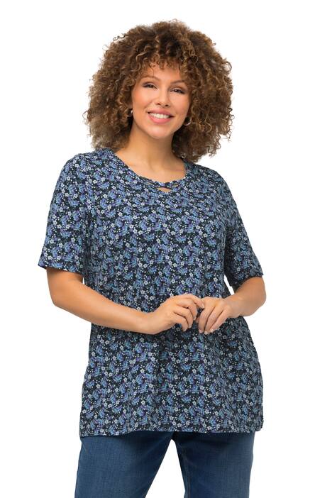 Tričko, květy, A střih, výstřih do V, krátké rukávy