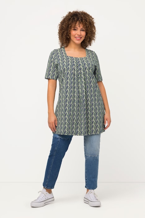 longline shirt, met dessin, A-lijn, carréhals, korte mouwen