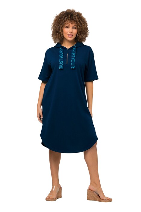 Teplákové šaty, kapuce, oversize, stuha s nápisem, krátké rukávy