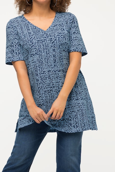 Letter Print V Neck Short Sleeves Knit Tunic T Shirts Tops