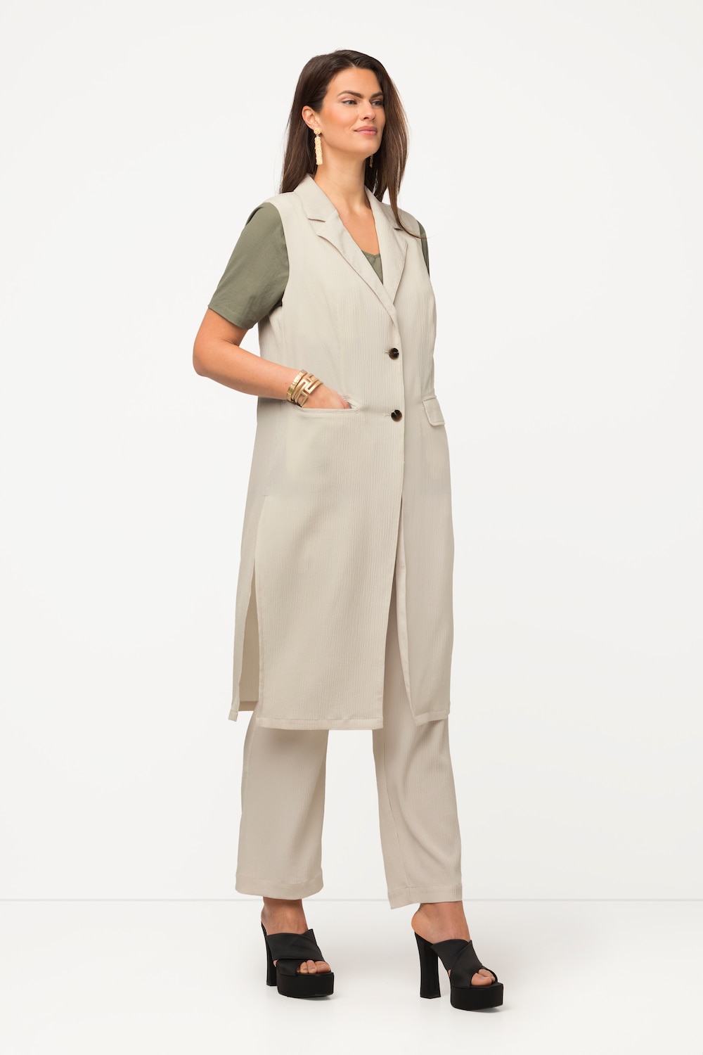 grandes tailles veste longue sans manches, femmes, beige, taille: 48/50, polyester, ulla popken