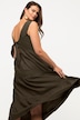 Vestido midi, mezcla de lino, volante, cuello redondo, sin mangas