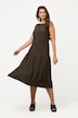Vestido midi, mezcla de lino, volante, cuello redondo, sin mangas