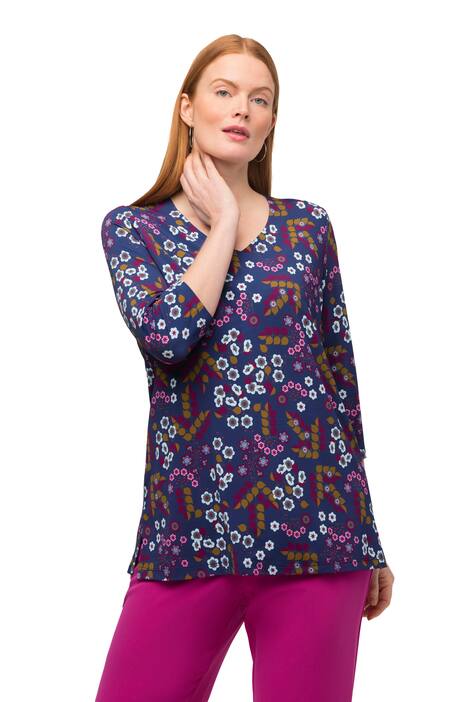 Slinky tričko, květovaný design, výstřih do V, 3/4 rukávy