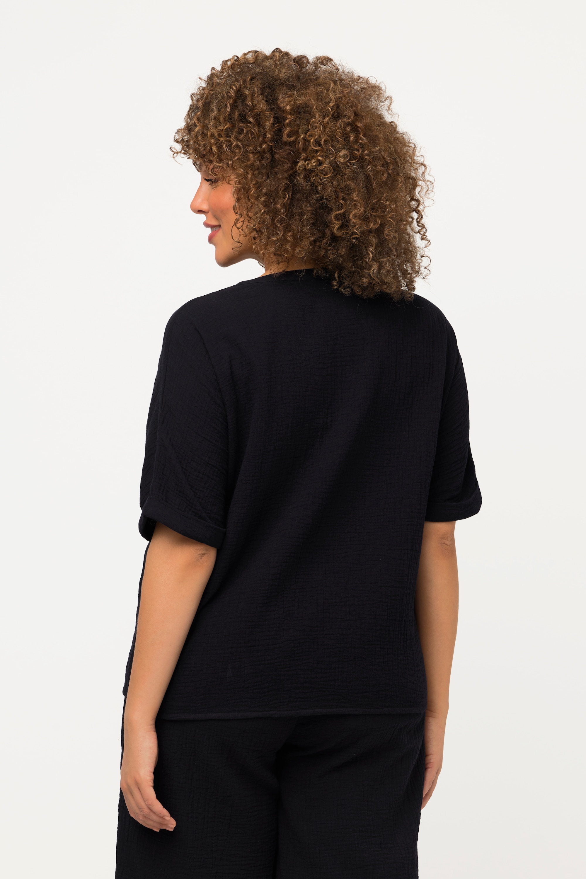 Ulla Popken Damen große Größen Musselin Bluse Oversized Tunika Ausschnitt