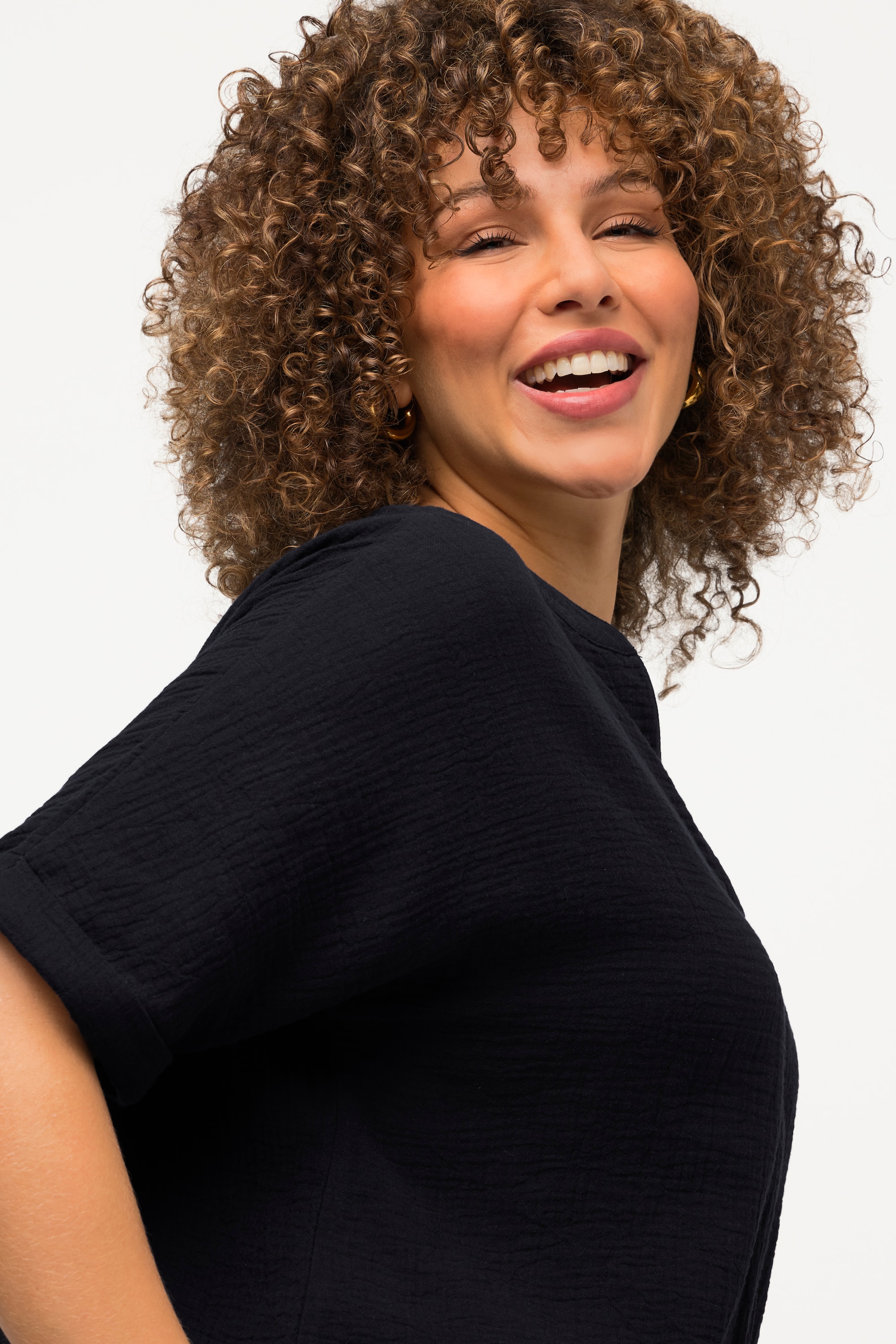 Ulla Popken Damen große Größen Musselin Bluse Oversized Tunika Ausschnitt
