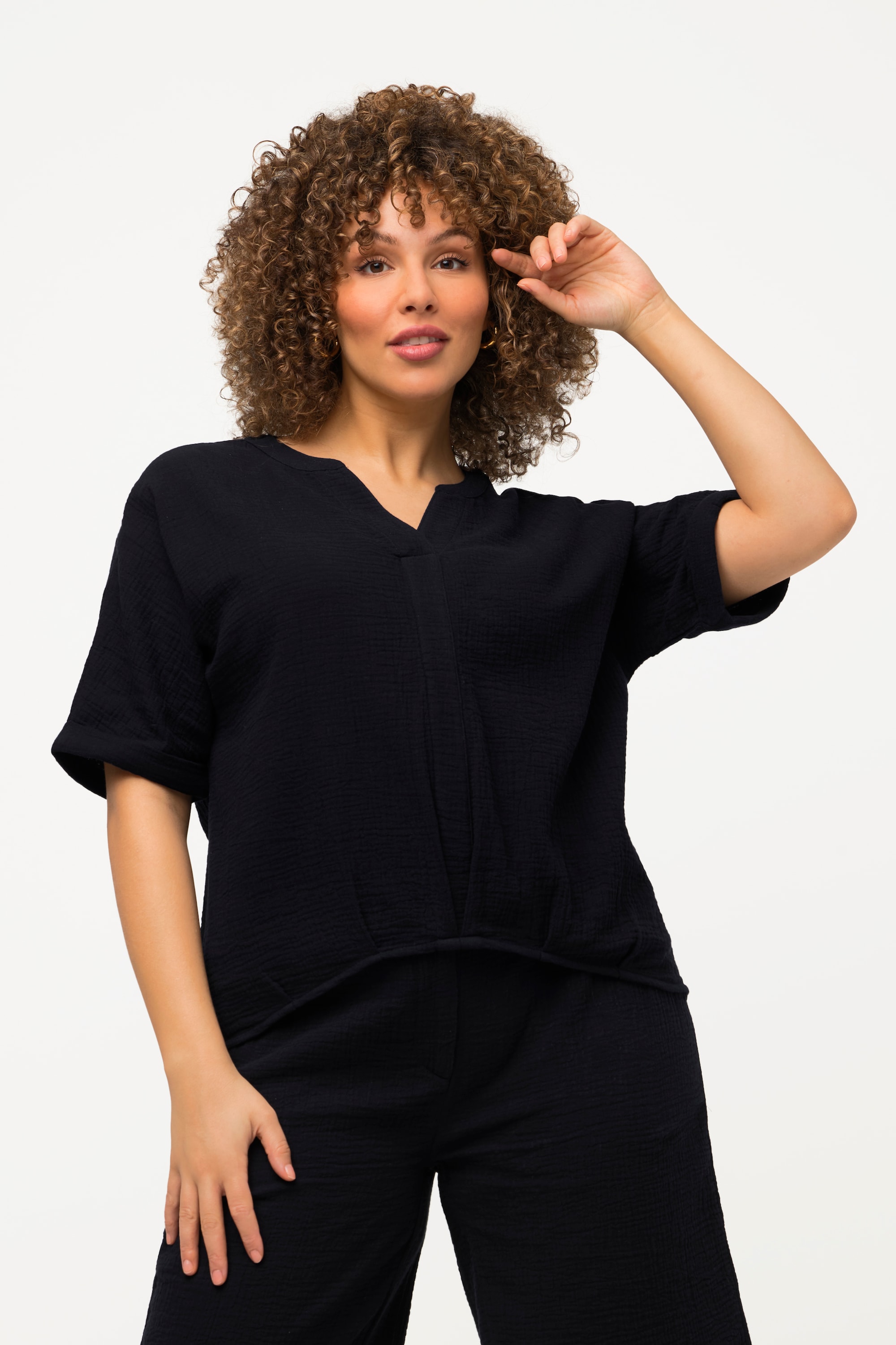 Ulla Popken Damen große Größen Musselin Bluse Oversized Tunika Ausschnitt