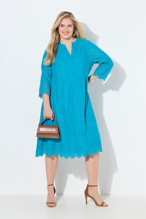 Midikleid, Lochspitze, Tunika-Ausschnitt, 3/4-Arm