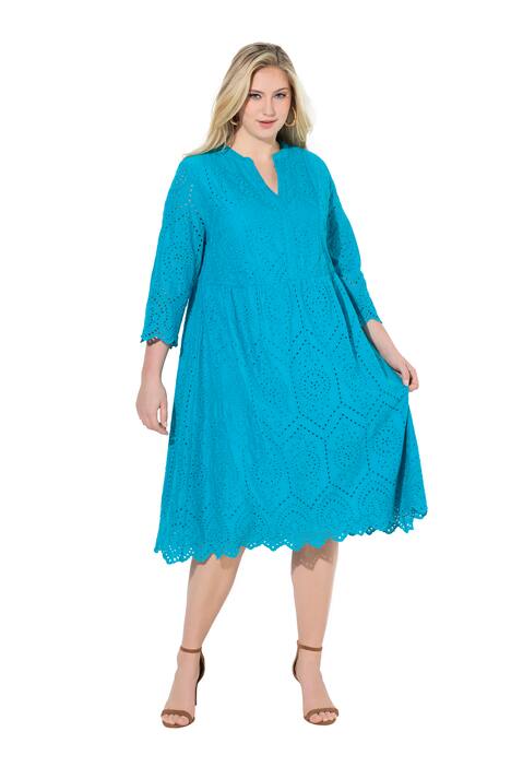 Midi šaty, děrovaná krajka, tunikový výstřih, 3/4 rukávy