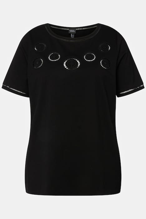 T-shirt, ażurowy haft, okrągły dekolt, krótki rękaw