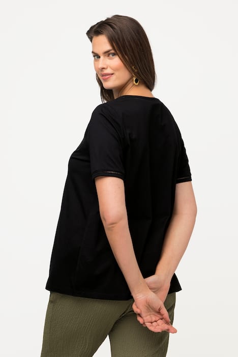 T-shirt, ażurowy haft, okrągły dekolt, krótki rękaw