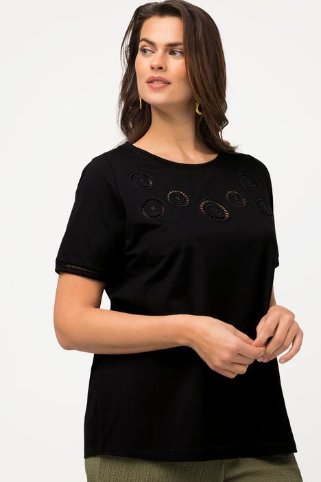 T-shirt, ażurowy haft, okrągły dekolt, krótki rękaw