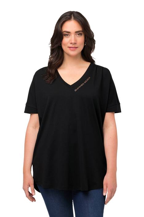 Dlouhé tričko, ozdobné sklady, oversize, výstřih do V, krátké rukávy