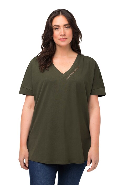 Dlouhé tričko, ozdobné sklady, oversize, výstřih do V, krátké rukávy