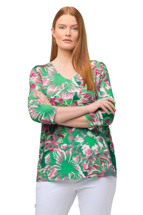 Slinky tričko, květovaný potisk, výstřih do V, 3/4 rukávy