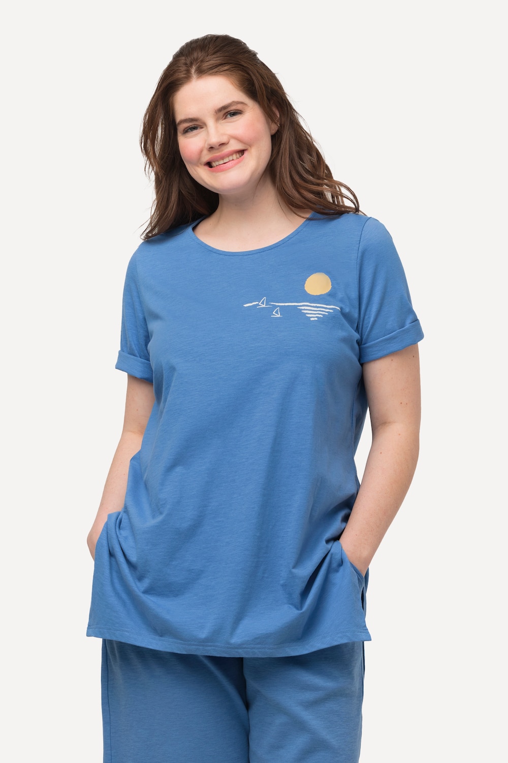 Grote Maten T-shirt, Dames, blauw, Maat: 50/52, Katoen, Ulla Popken