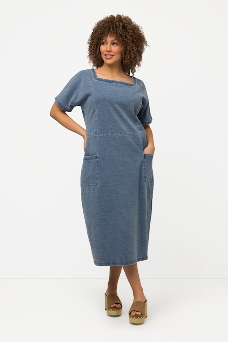 Dropship Plus Size Denim Print Deep V Neck Midi Dress; Women's Plus Elegant  Slight Stretch Midi Dress to Sell Online at a Lower Price | Doba