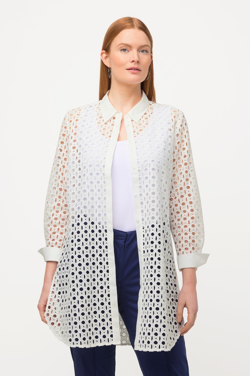 Grote Maten longline blouse, Dames, wit, Maat: 50/52, Katoen, Ulla Popken