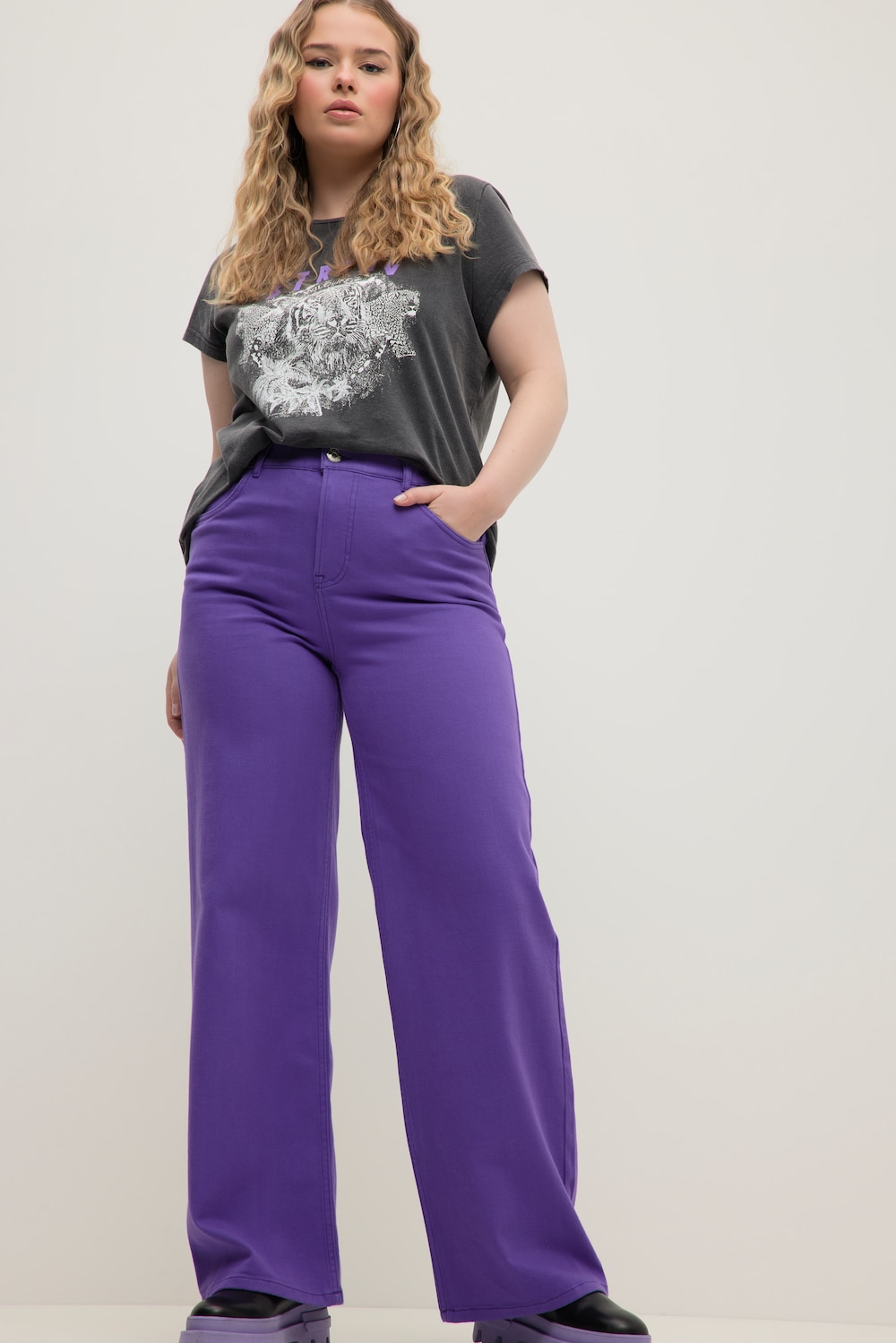 grandes tailles jean coloré taille haute. 5 poches, femmes, violet, taille: 52, coton/fibres synthétiques, studio untold