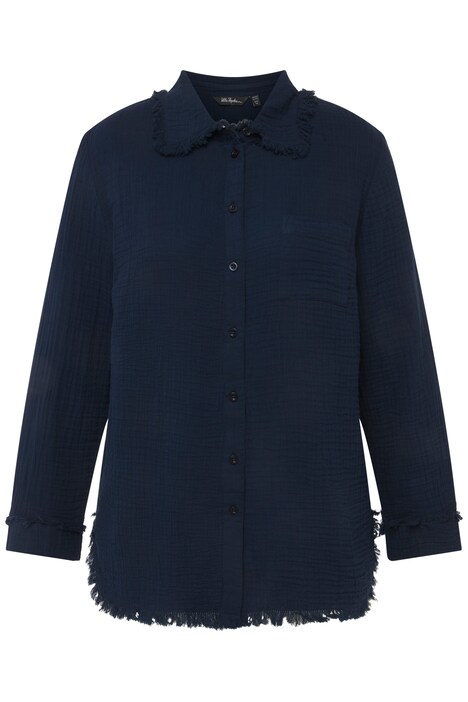 Košilová halenka, mušelín, límeček, dlouhé rukávy, otevřené okraje