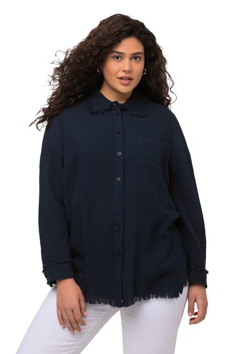 Košilová halenka, mušelín, límeček, dlouhé rukávy, otevřené okraje