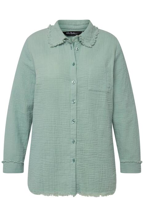 Košilová halenka, mušelín, límeček, dlouhé rukávy, otevřené okraje