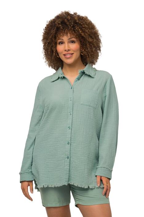 Košilová halenka, mušelín, límeček, dlouhé rukávy, otevřené okraje