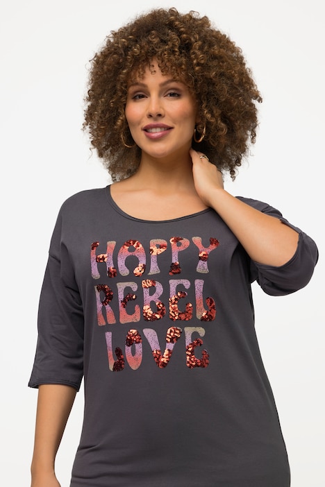 Sequined Happy Rebel Love 3/4 sleeve Graphic Tee, T-Shirts