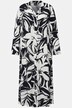 Sukienka, czarno-białe kwiaty, linia litery A, dekolt w szpic, długi rękaw