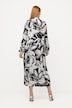 Sukienka, czarno-białe kwiaty, linia litery A, dekolt w szpic, długi rękaw