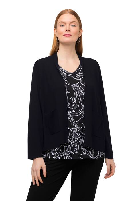 Rozpínací svetr, stojáček, otevřený střih, výstřih do V