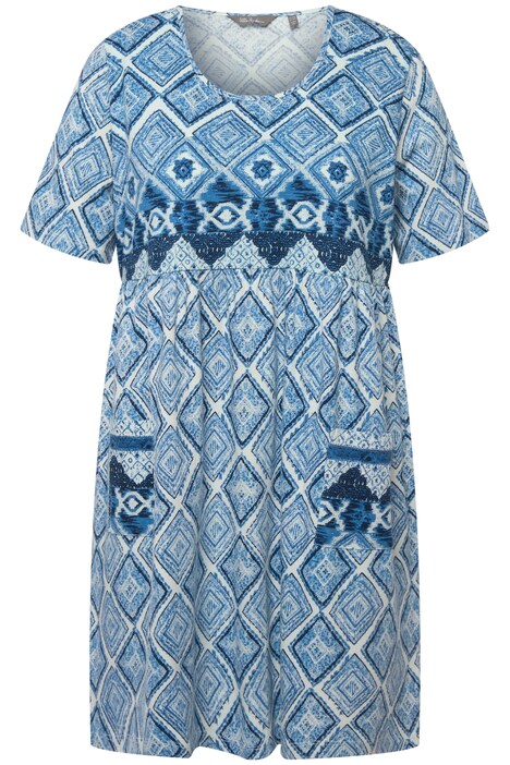 Dlouhé tričko, pačvork potisk, A střih, kulatý výstřih, krátké rukávy