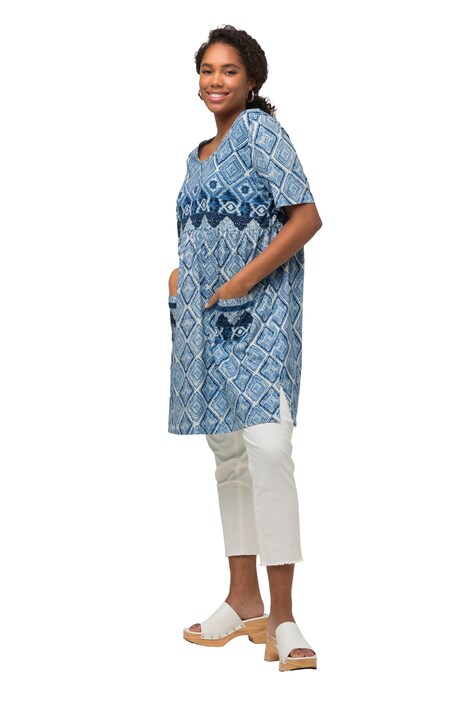 Dlouhé tričko, pačvork potisk, A střih, kulatý výstřih, krátké rukávy