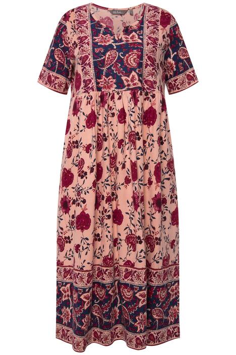 Midi šaty, pačvork potisk, tunikový výstřih, krátké rukávy