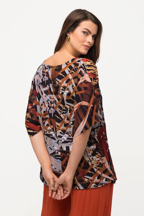 Bluzka, liście palmy, oversized, okrągły dekolt, rękaw 3/4