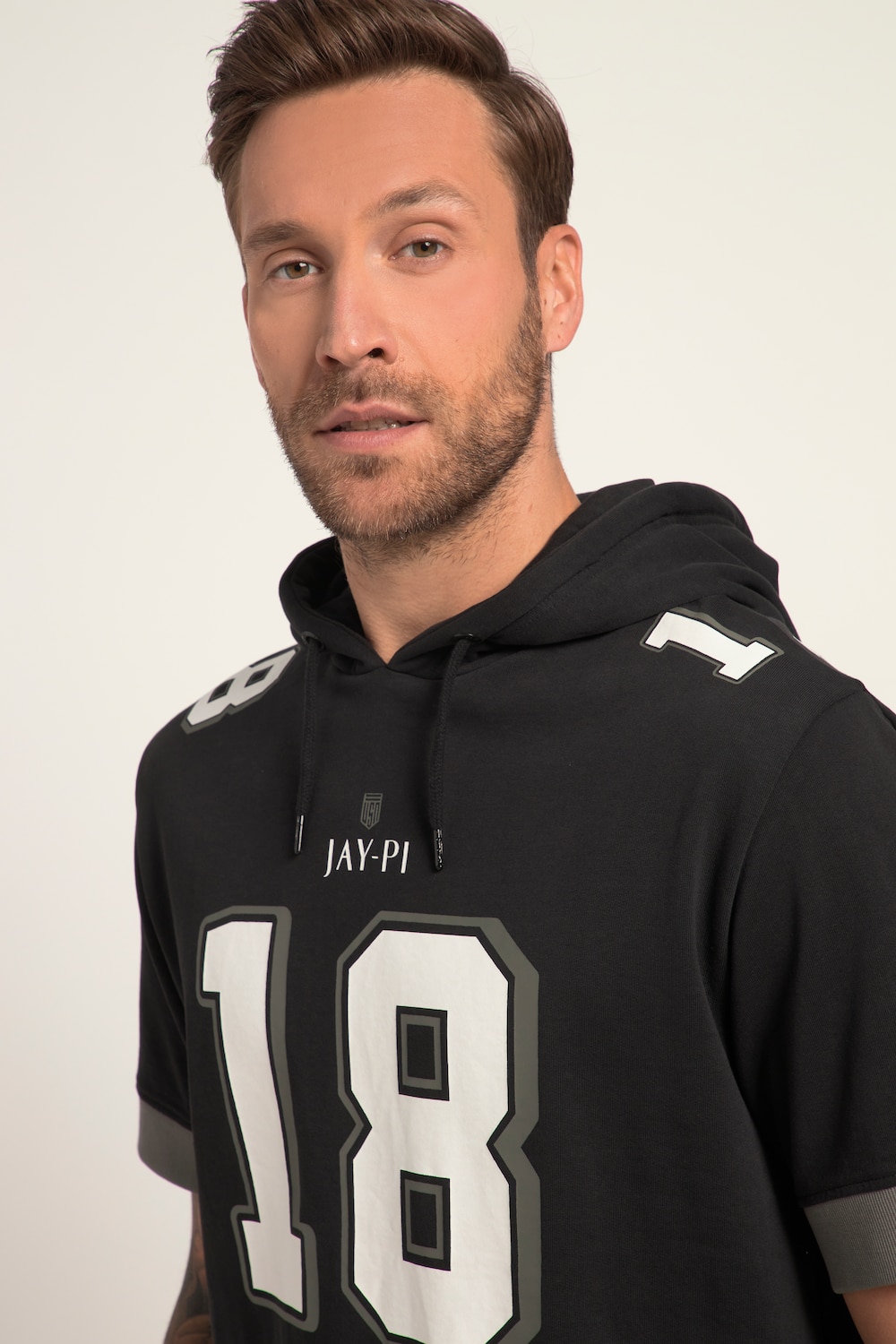 Stora storlekar Hoodie i American Football-look med kort ärm, Her, svart, storlek: 5XL, Bomull, JAY-PI