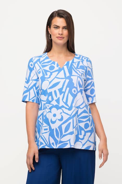 Geometric Print Split Neck Tee
