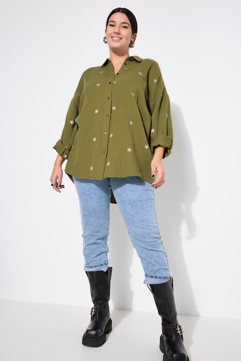 Star Embroidery Oversized Button Front Cotton Shirt