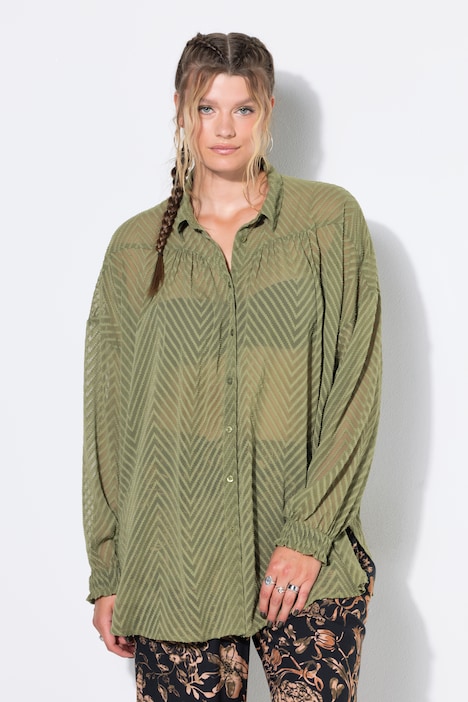 blouse, oversized, chiffon met dessin, overhemdkraag, lange mouwen